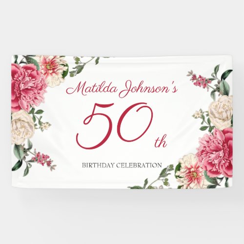 50th Birthday Elegant Pink White Floral Botanical Banner