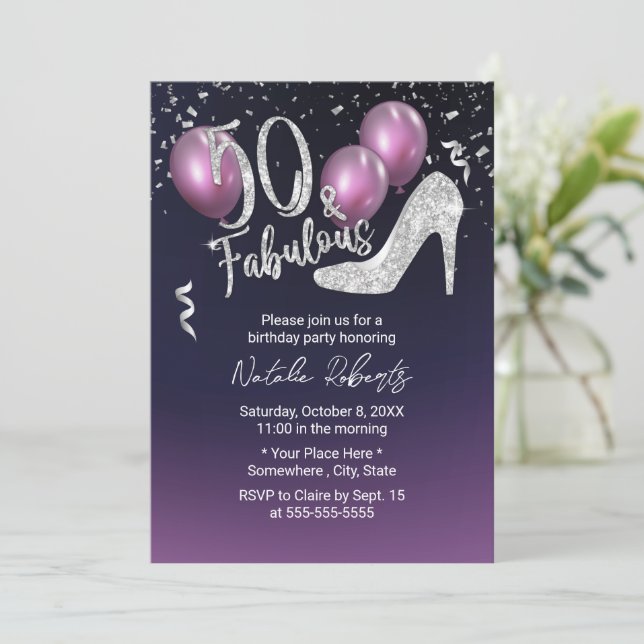 50th Birthday Elegant Purple Fabulous 50 Invitation (Standing Front)