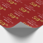 [ Thumbnail: 50th Birthday: Elegant, Red, Faux Gold Look Wrapping Paper ]