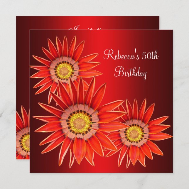 50th Birthday Elegant Red Flowers Invitation (Front/Back)