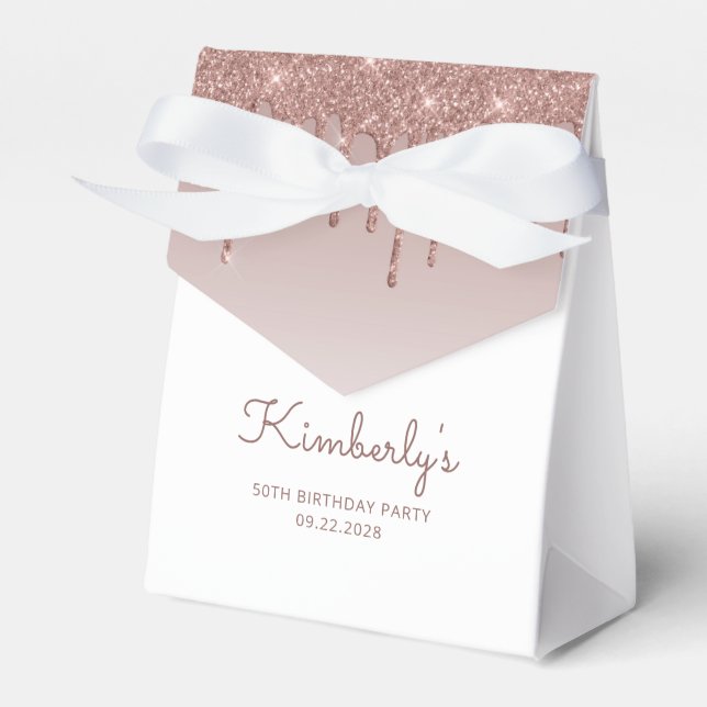 50th Birthday Elegant Rose Gold Glitter Drip Favor Boxes (Front Side)