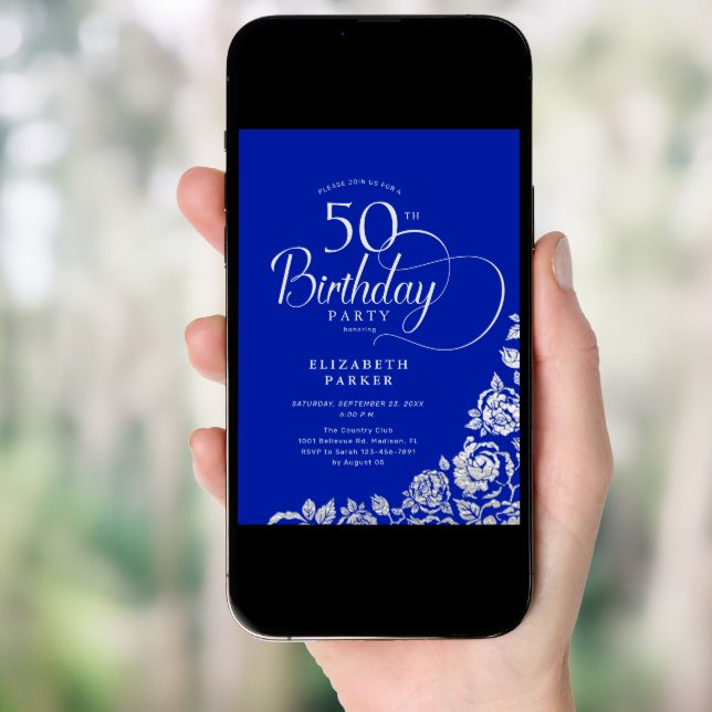 50th Birthday Elegant Royal Blue Silver Roses Invitation (Front Digital)