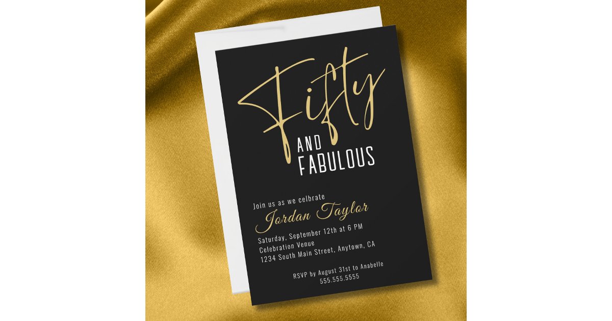 50th Script 50th Birthday Elegant Script Black and Gold Invitation | Zazzle