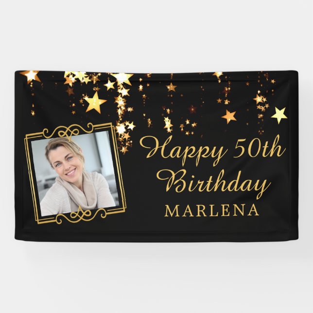 50th Birthday Elegant Script Gold Stars Photo Banner (Horizontal)