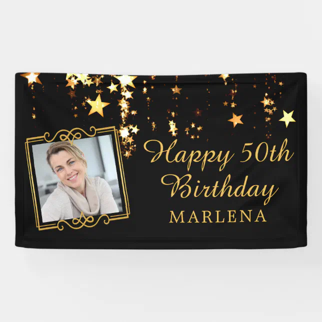 50th Birthday Elegant Script Gold Stars Photo Banner | Zazzle