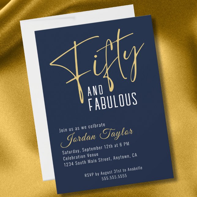 50th Birthday Elegant Script Navy and Gold  Invitation (Creator Uploaded)