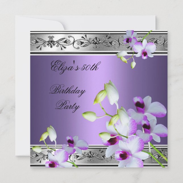 50th Birthday Elegant Silver Grey Lilac Floral (Front)