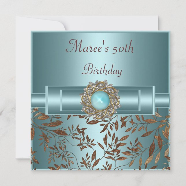 50th Birthday Elegant Teal Blue Jewel Invitation (Front)