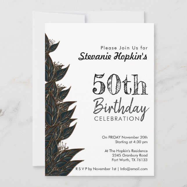 50th Birthday Elegant White Modern Botanical Invitation (Front)