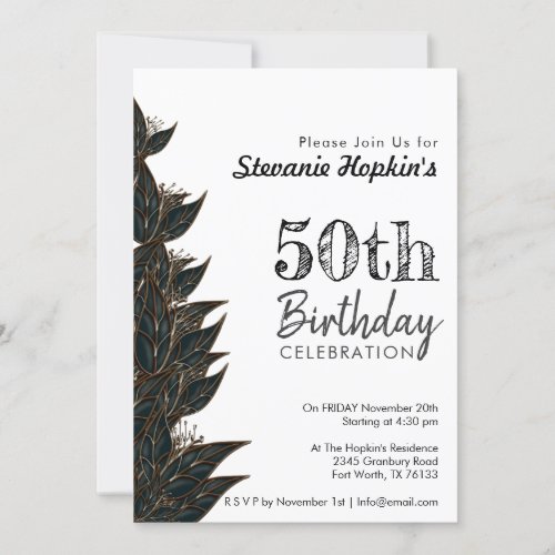 50th Birthday Elegant White Modern Botanical Invitation