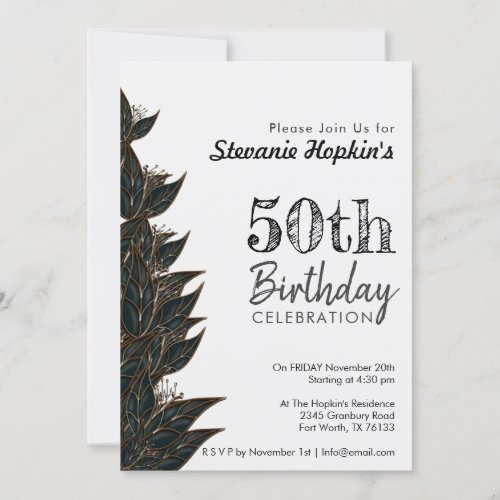 50th Birthday Elegant White Smoke Modern Botanical Invitation