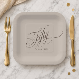 50th Birthday Espresso Brown Calligraphy on Taupe Paper Plates