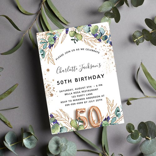 50th birthday eucalyptus greenery glitter elegant invitation postcard