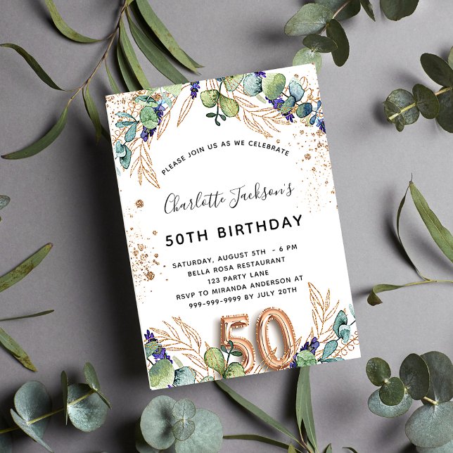 50th birthday eucalyptus greenery glitter luxury invitation (Creator Uploaded)