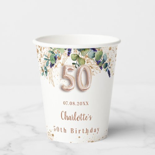 50th birthday eucalyptus greenery glitter name paper cups