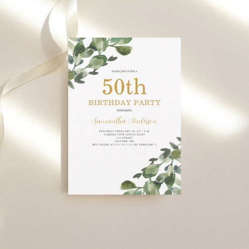 50th Birthday Eucalyptus Watercolor Gold Script Invitation