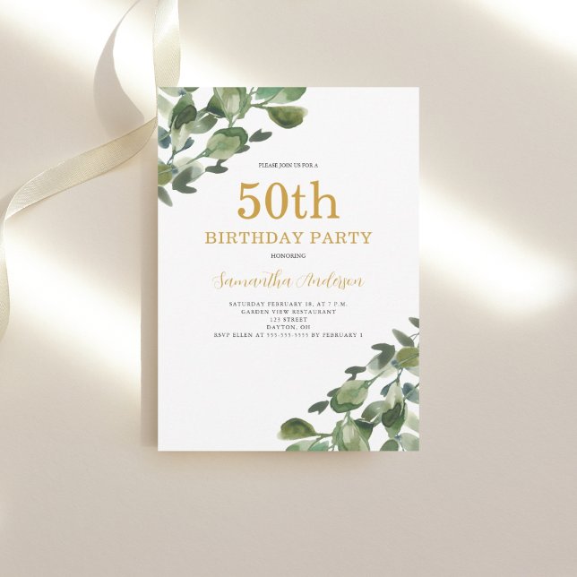 50th Birthday Eucalyptus Watercolor Gold Script Invitation (Creator Uploaded)