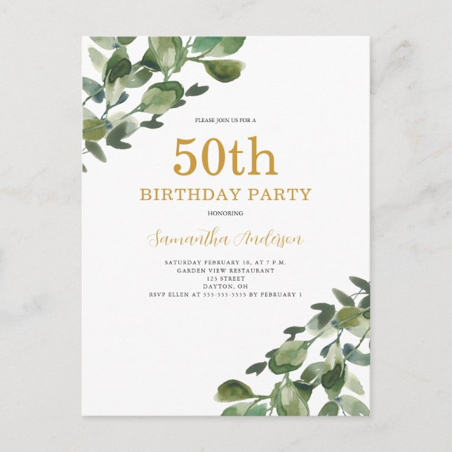 50th Birthday Eucalyptus Watercolor Invitation Postcard (Front)