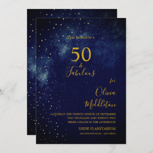 50th Birthday Evening Sky Astral Gold Stars Blue Invitation