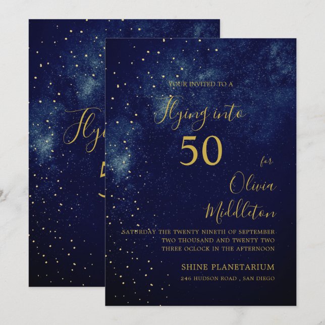 50th Birthday Evening Sky Astral Gold Stars Blue   Invitation (Front/Back)