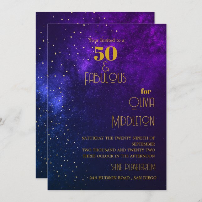 50th Birthday Evening Sky Astral Gold Stars Purple Invitation (Front/Back)
