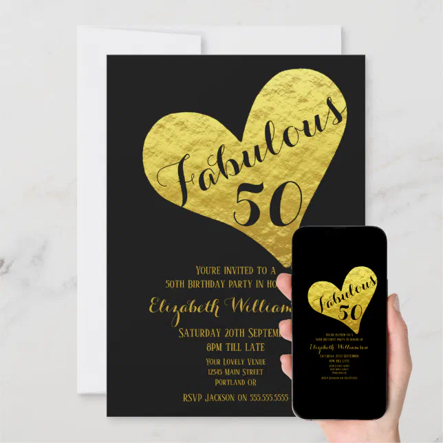 50th Birthday Fabulous 50 Black Faux Gold Heart Invitation Zazzle