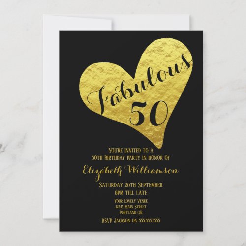 50th Birthday Fabulous 50 Black  Faux Gold Heart Invitation