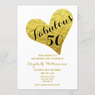 50th Birthday Fabulous 50 White Faux Gold Heart Invitation
