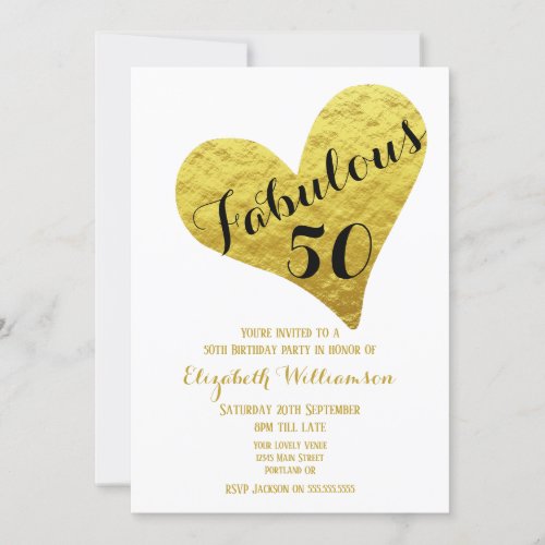 50th Birthday Fabulous 50 White Faux Gold Heart Invitation