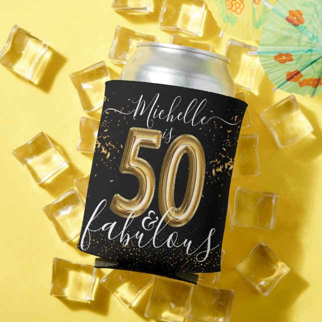 50th Birthday Fabulous Black Gold Glitter Balloon  Can Cooler (In Situ Summer)