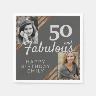 50th Birthday Fabulous Gray Gold Glitter 2 Photo Napkins
