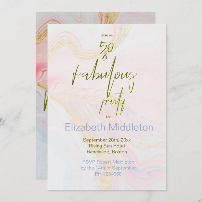 50th Birthday Fabulous Pink Blue Gold  Marble Invitation (Front/Back)