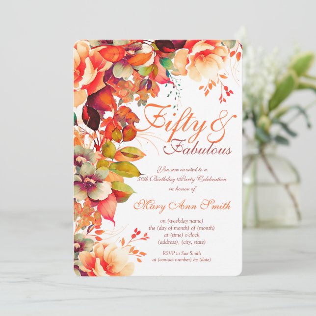 50th Birthday Fall Autumn Garden Floral Invitation (Standing Front)