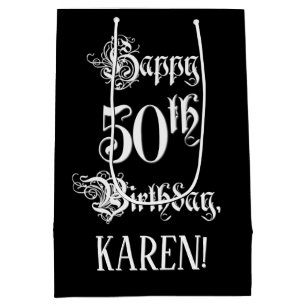 50th Birthday: Fancy, Elegant Script + Custom Name Medium Gift Bag