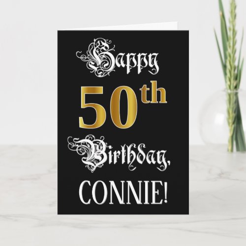 50th Birthday — Fancy Script; Faux Gold Look; Name