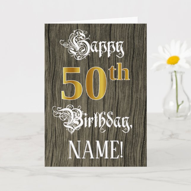 50th Birthday: Faux Gold Look + Faux Wood Pattern Card (Small Plant)