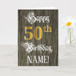 [ Thumbnail: 50th Birthday: Faux Gold Look + Faux Wood Pattern Card ]