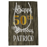 [ Thumbnail: 50th Birthday: Faux Gold Look & Faux Wood Pattern Gift Bag ]