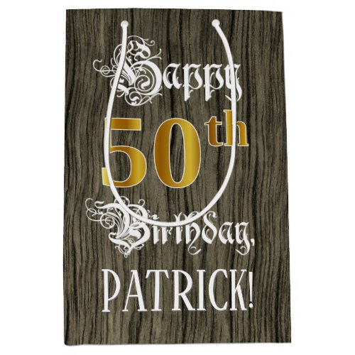 50th Birthday Faux Gold Look  Faux Wood Pattern Medium Gift Bag