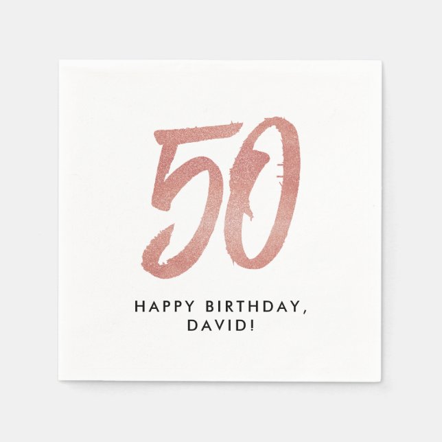 50th birthday faux rose gold glitter personalized napkins (Front)