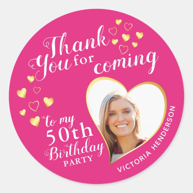 50th Birthday Favor Pink Thank You Classic Round Sticker (Front)