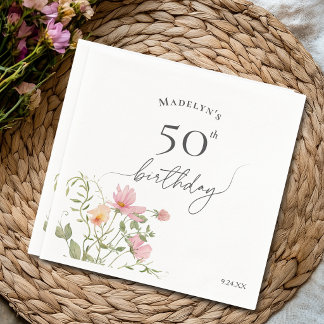 50th Birthday Feminine Watercolor Wildflower Napkins