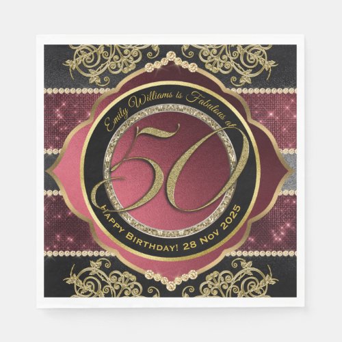 50th Birthday Fiftieth Gold Ruby Gem Fancy Glitter Napkins