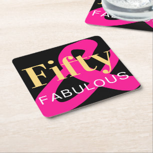 50th Birthday Fifty and Fabulous Black Gold Pink Square Paper Coaster