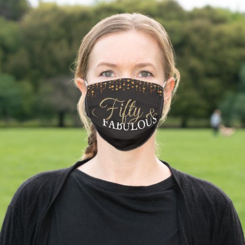 50th Birthday Fifty and Fabulous Gold Glitter Adult Cloth Face Mask