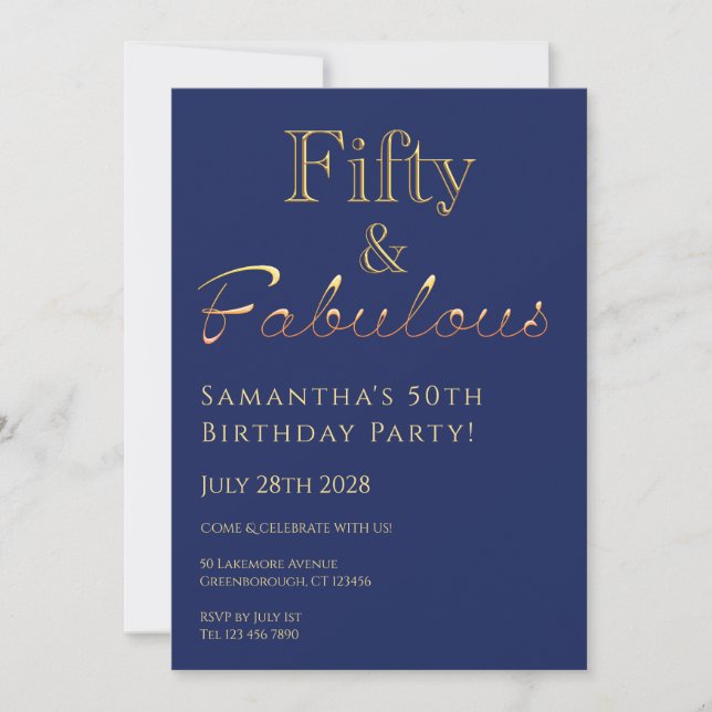 50th Birthday Fifty and Fabulous Navy Gold Invite (Front)