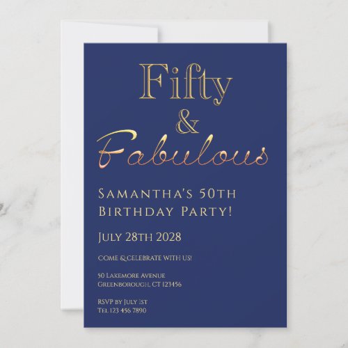 50th Birthday Fifty and Fabulous Navy Gold Invite