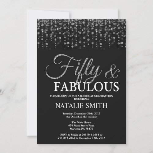 50th Birthday Fifty and Fabulous Silver Glitter Invitation