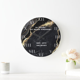 50th Birthday Fifty Black Vintage Marble Elegant Large Clock
