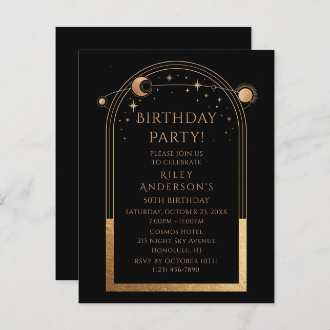 50th Birthday Fifty Celestial Black Gold Astronomy Invitation (Front/Back)